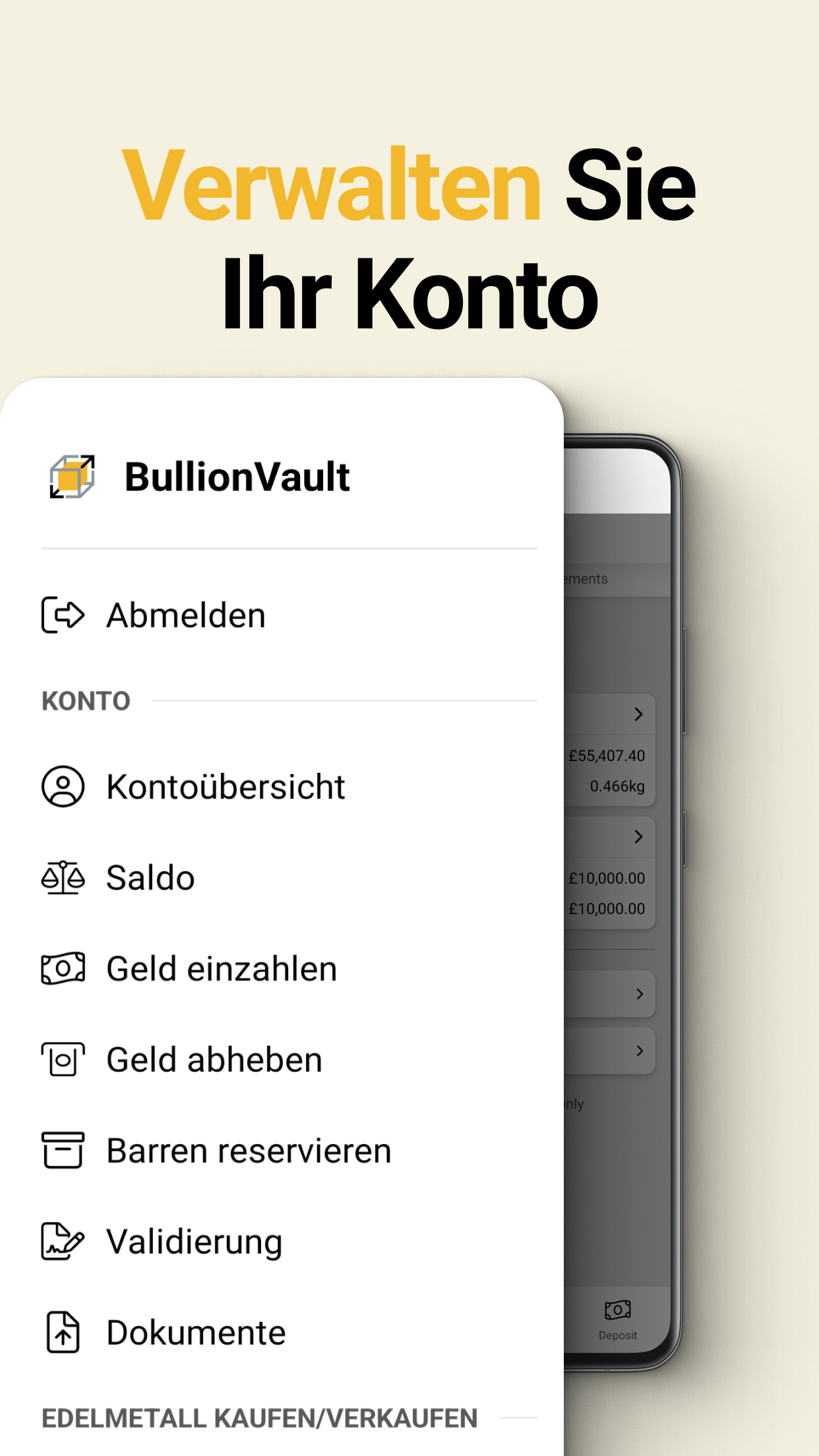 Verwalten Sie Ihr Konto in den BullionVault-Apps.