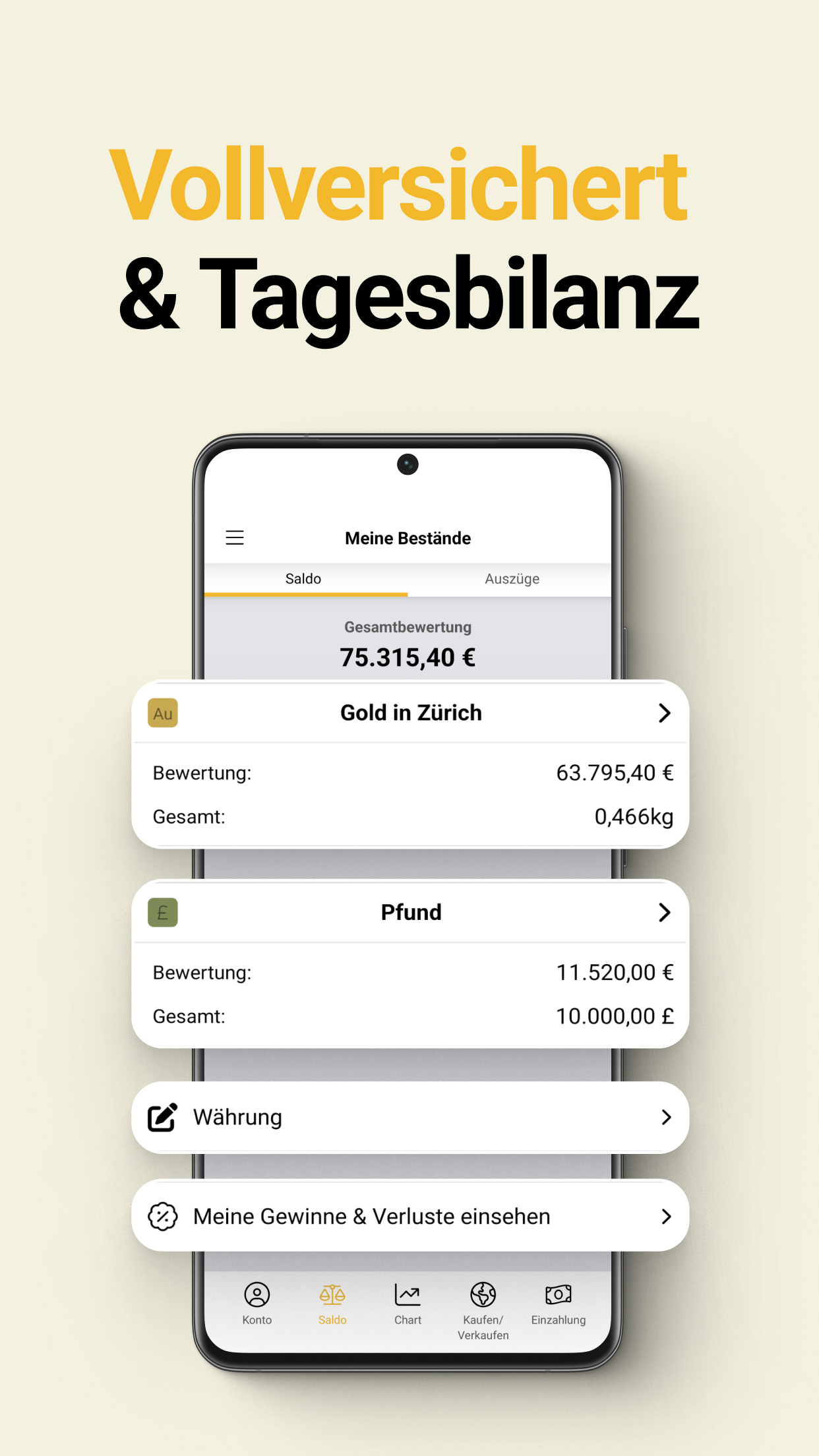 Die BullionVault-App zeigt die Edelmetallbestände und den Kontostand an